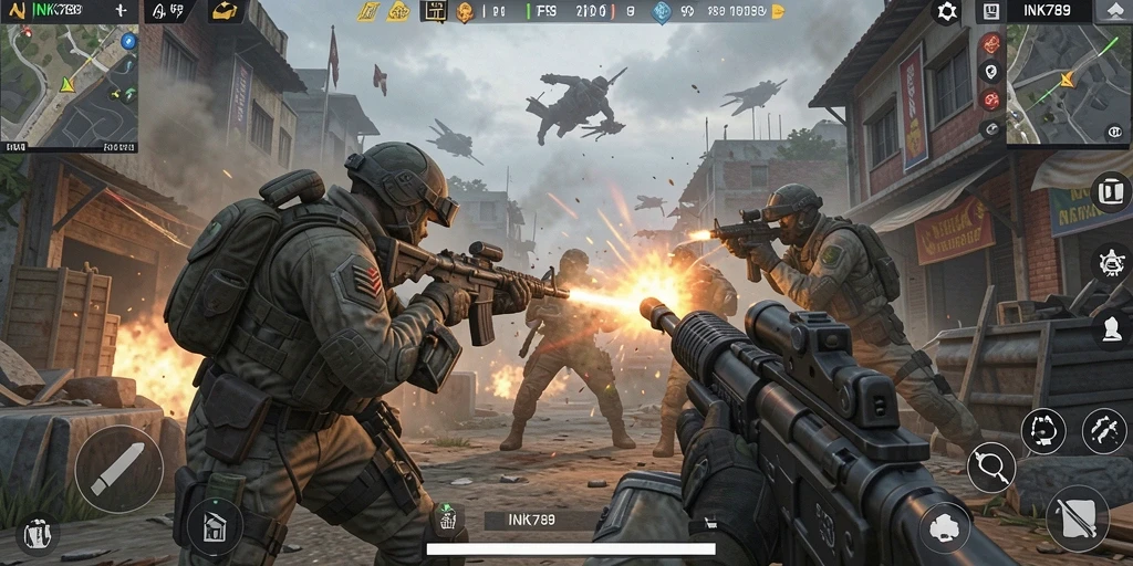 Tampilan gameplay intens dalam pertempuran FPS INK789.