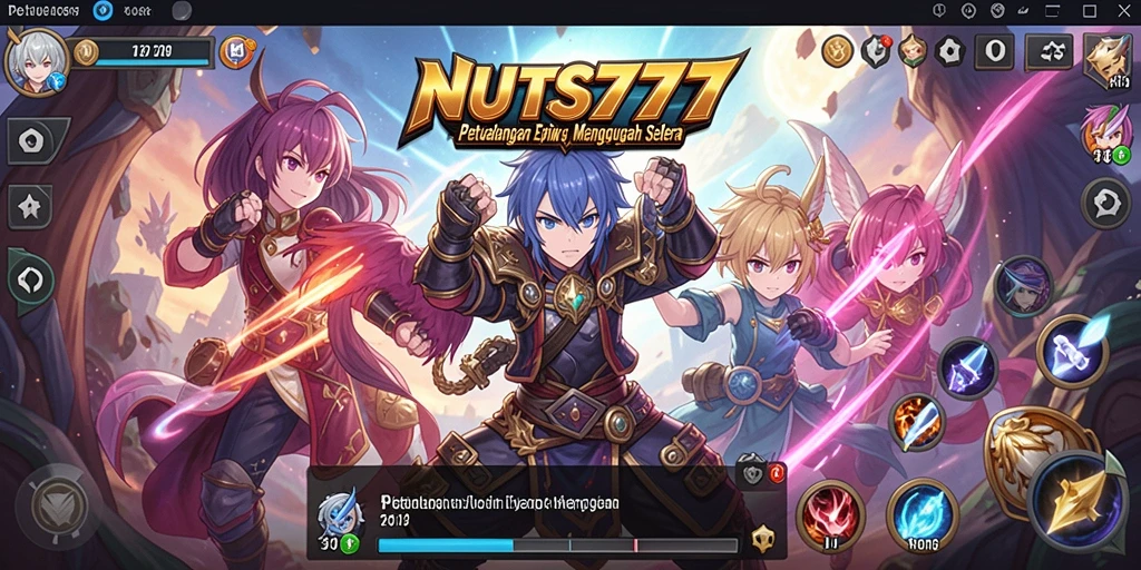 Tampilan gameplay NUTS777 dengan karakter anime beraksi di dunia fantasi.