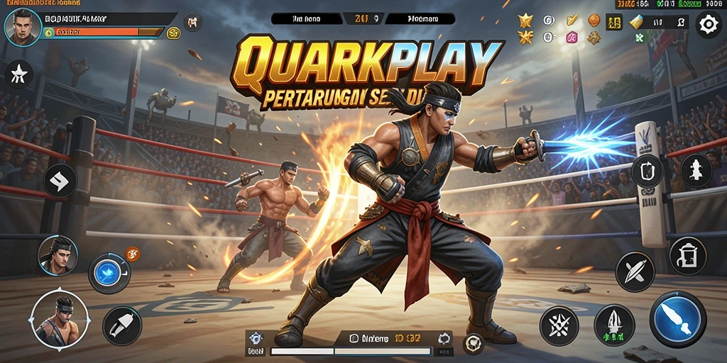 Screenshot gameplay QUARKPLAY menampilkan pertarungan epic di arena.