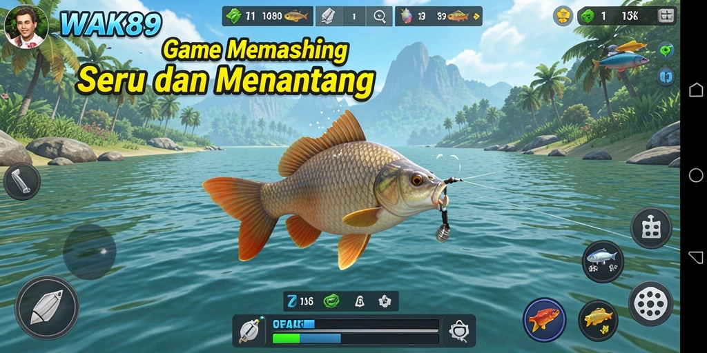 Screenshot gameplay WAK89 menampilkan aksi memancing yang seru dan menantang.